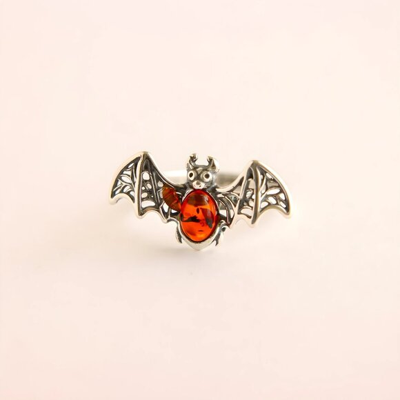 Baltic Amber Bat Ring in 925 Sterling Silver - Cherry Amber Adjustable Size - Picture 3 of 6